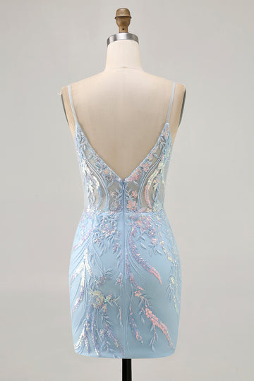 Light Blue Bodycon Spaghetti Straps Appliqued Homecoming Dress with Sequins